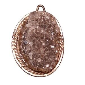 Oval Druzy Stone Pendant Gold Tone Textured Crystal Necklace Jewelry Charm